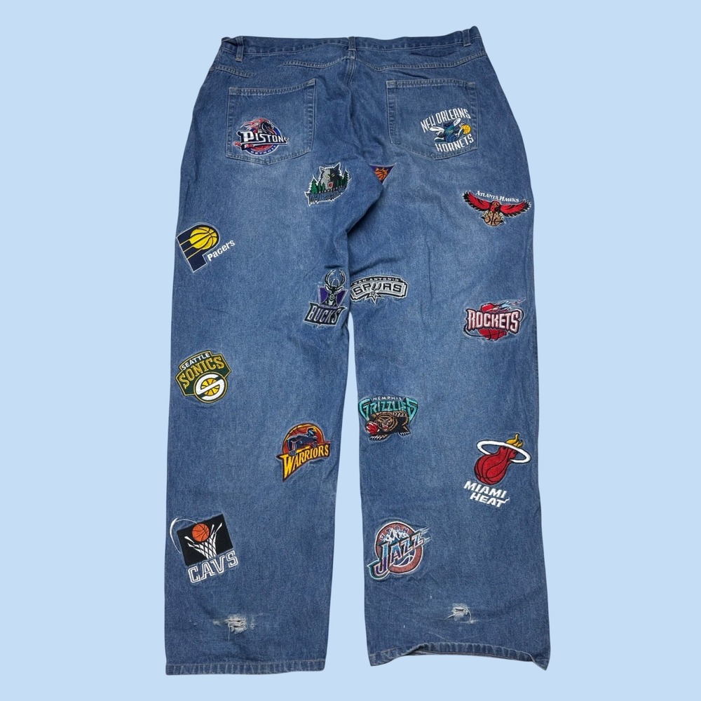 Vintage UNK NBA All Team Patch Denim Jeans Blue Mens 40 Baggy Streetwear